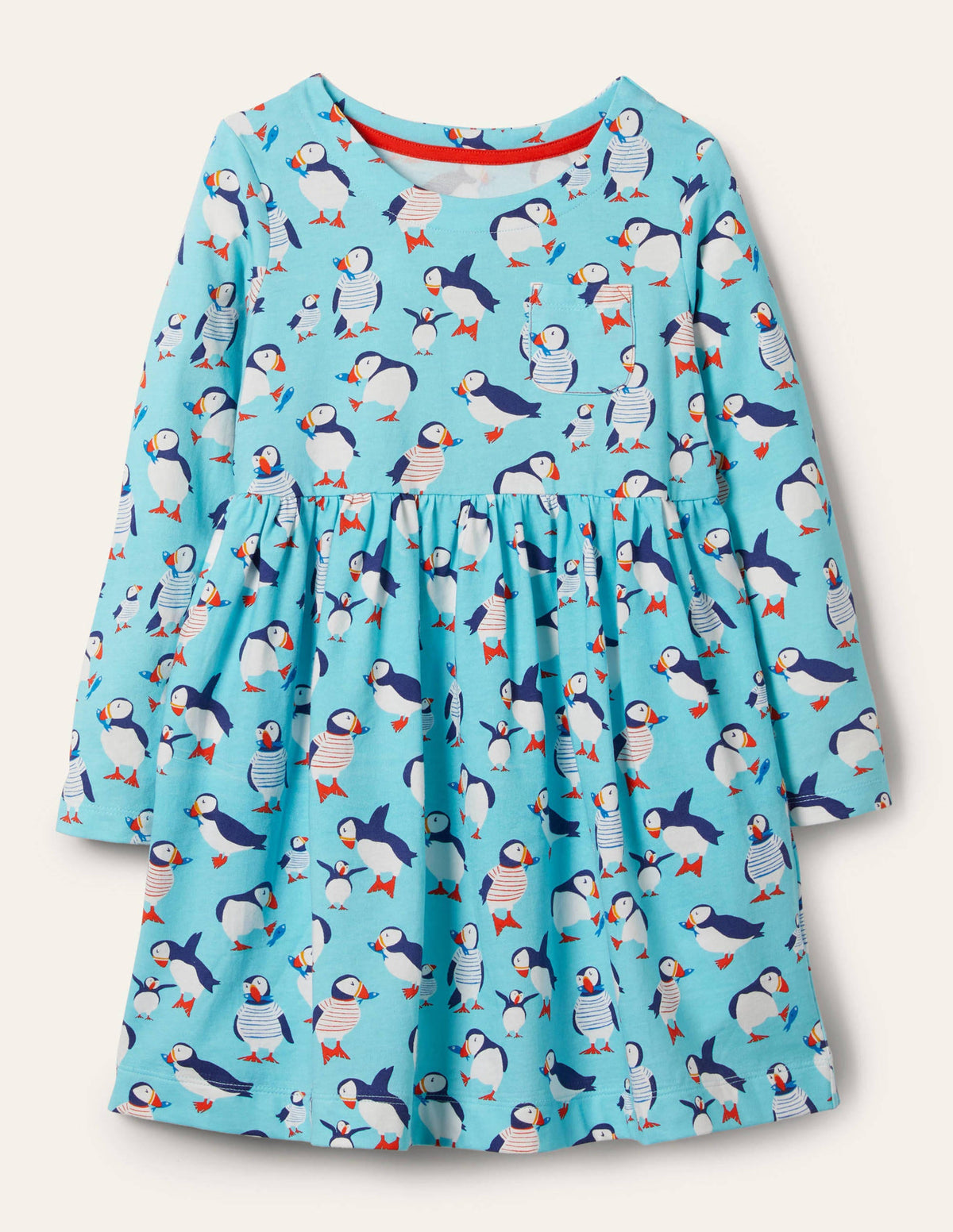 Long Sleeve Fun Jersey Dress-Aqua Blue Puffins-1