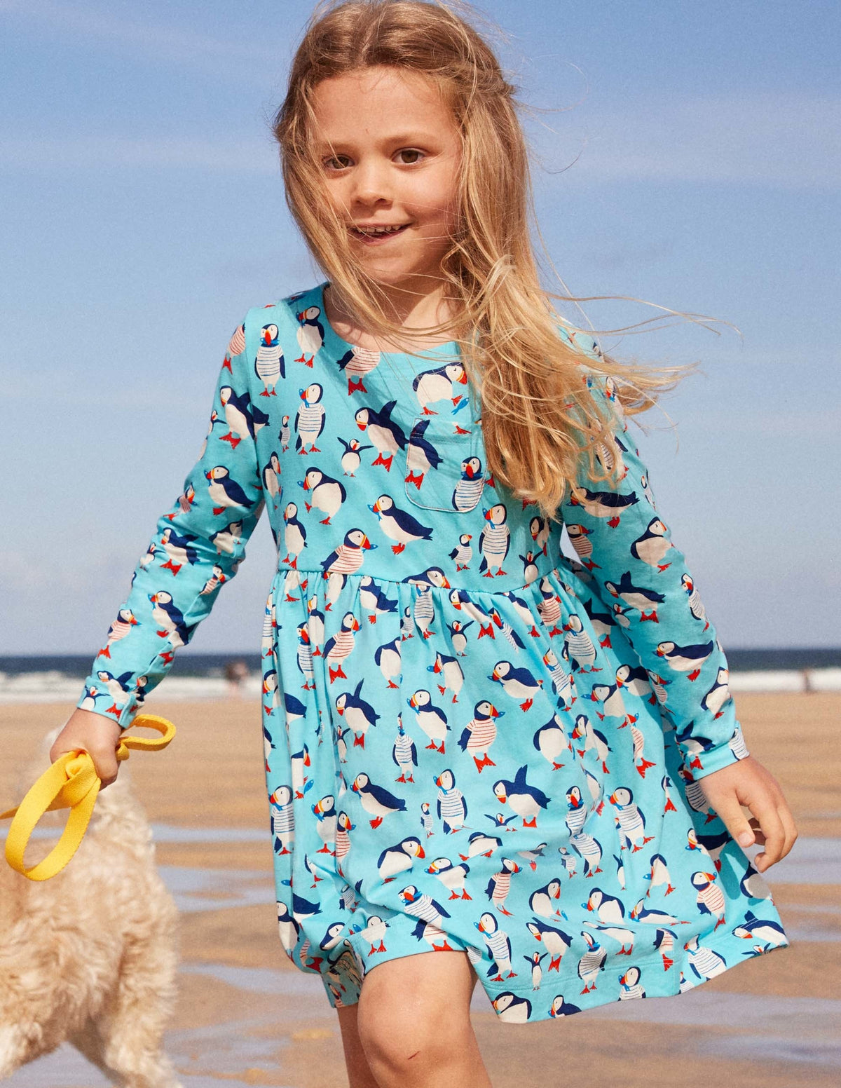Long Sleeve Fun Jersey Dress-Aqua Blue Puffins - Image 7