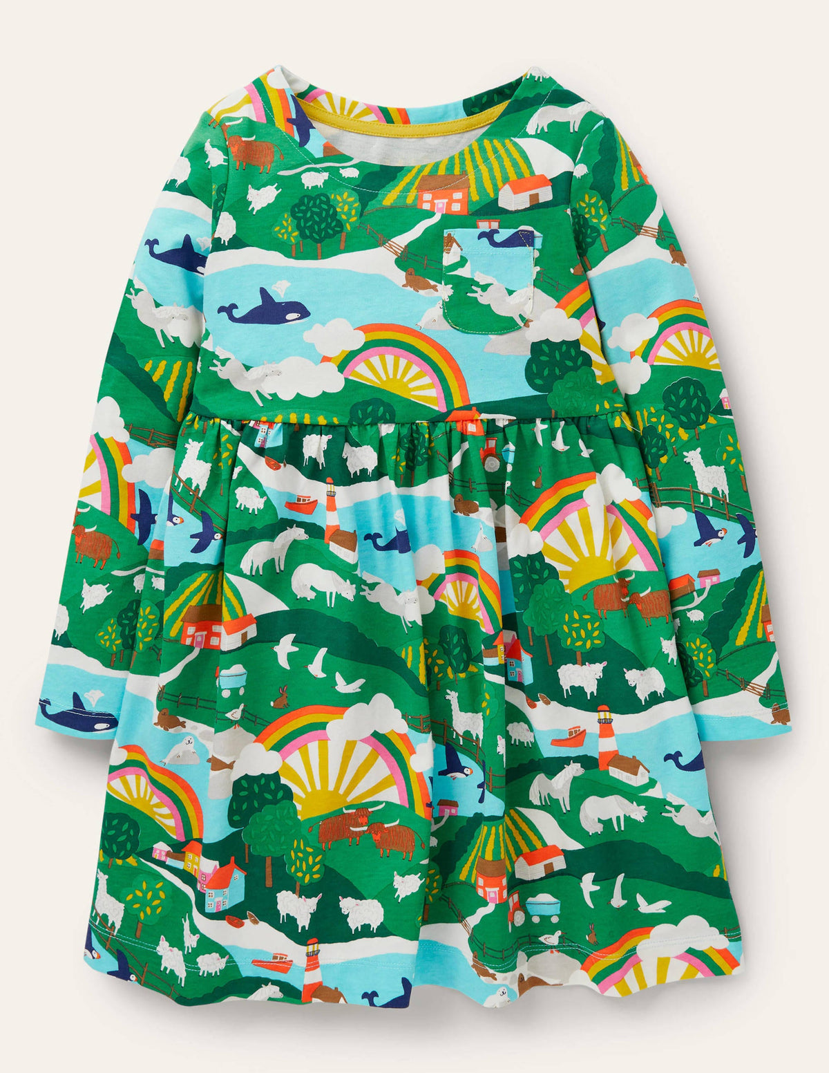 Fröhliches Jerseykleid mit langen Ärmeln-Bunt, Landschaft/Sonnenaufgang - Image 1