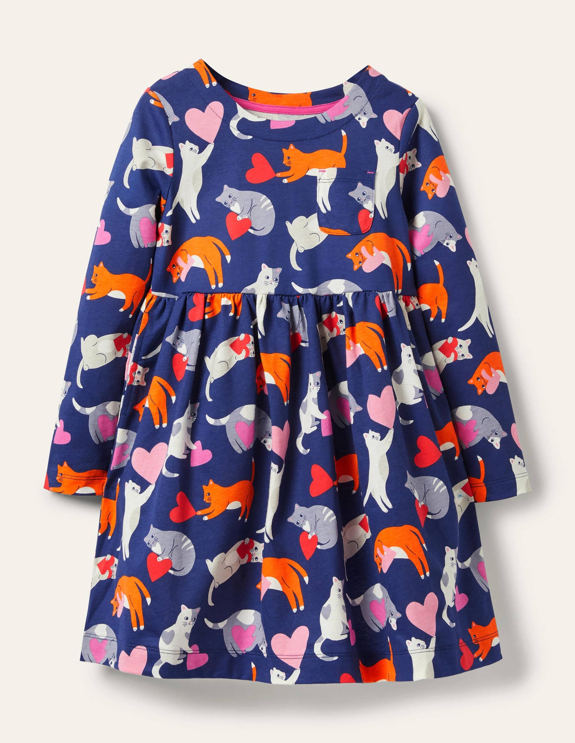 Fröhliches Jerseykleid mit langen Ärmeln-Segelblau, Katzen/Herzen - Image 1