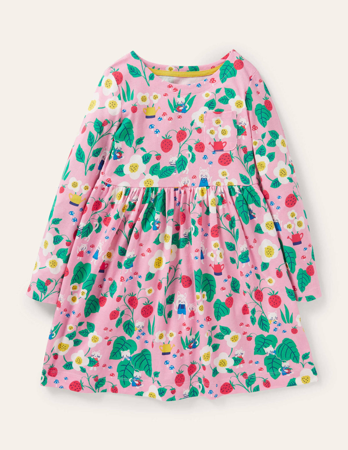 Fröhliches Jerseykleid mit langen Ärmeln-Hellrosa, Erdbeermuster - Image 1