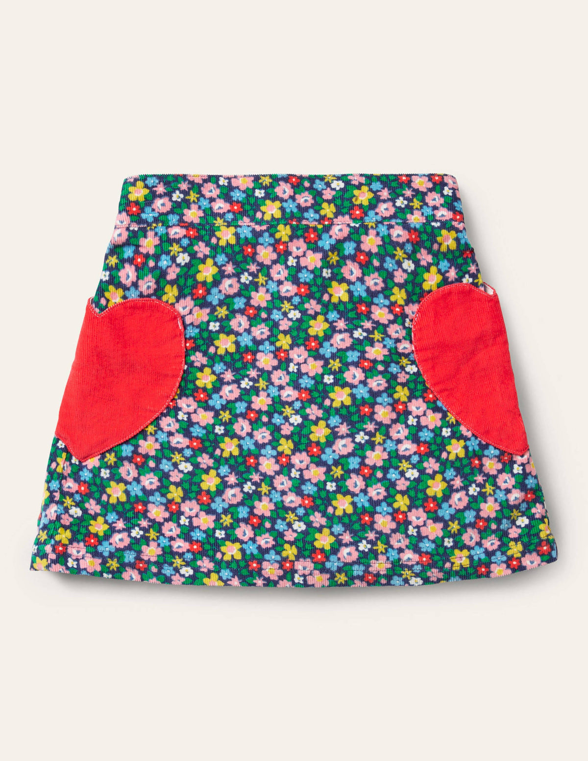 Cordrock mit Herztaschen-Segelblau, Frühlingsblumen - Image 1
