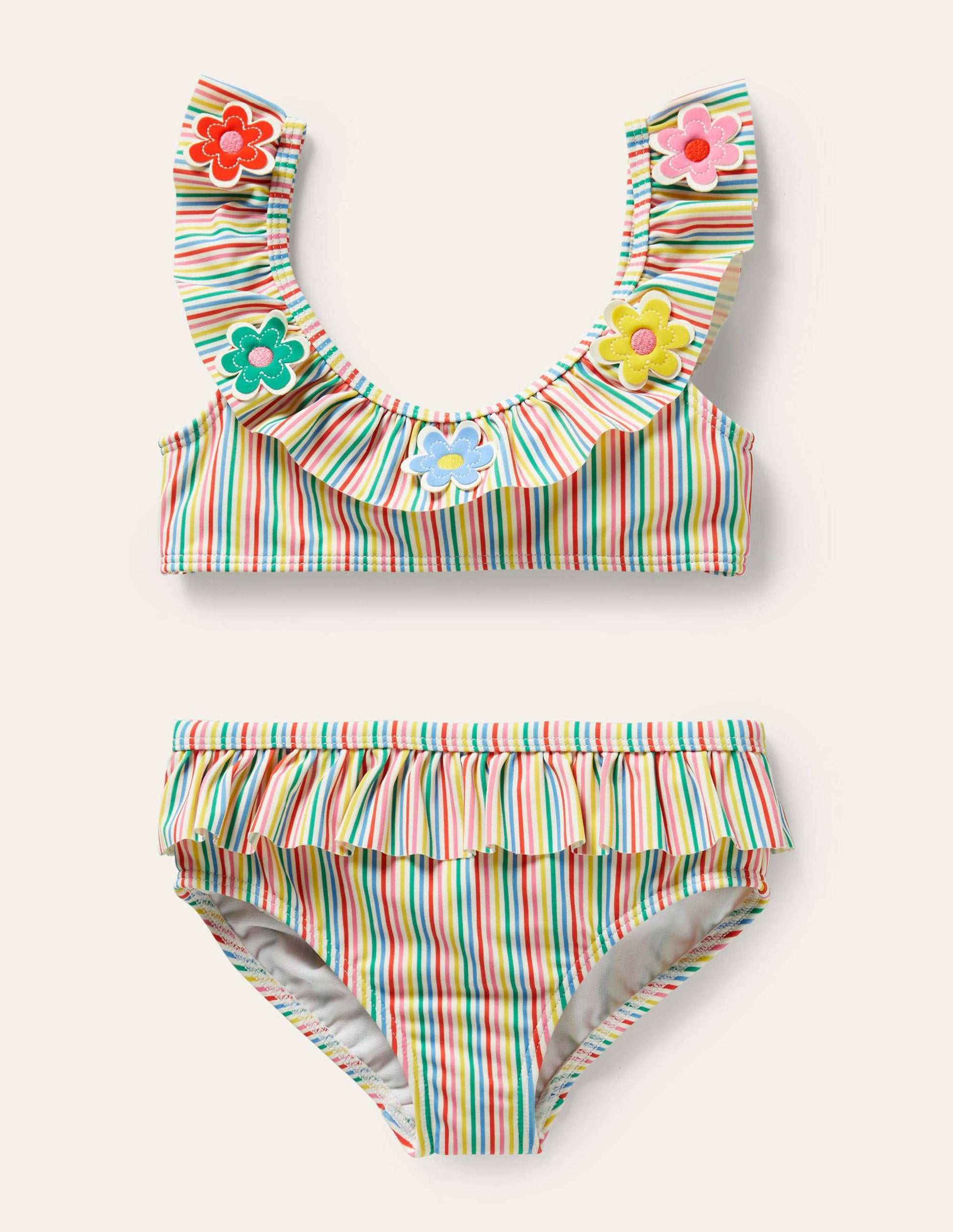 Bikiniset mit Rüschen-Naturweiß/Bunt, Gestreift/Blumen-1