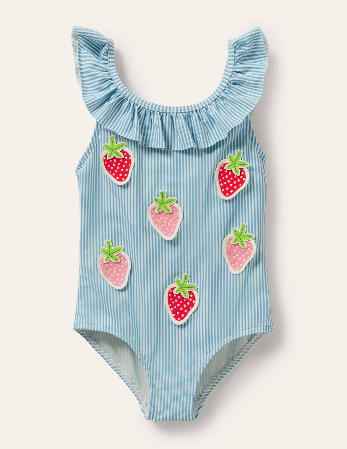 Badeanzug mit Rüschenkragen-Blau/Naturweiß, Feine Streifen/Erdbeeren - Image 1