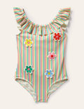 Maillot de bain à encolure volantée-Fleurs ivoire/rayé multi