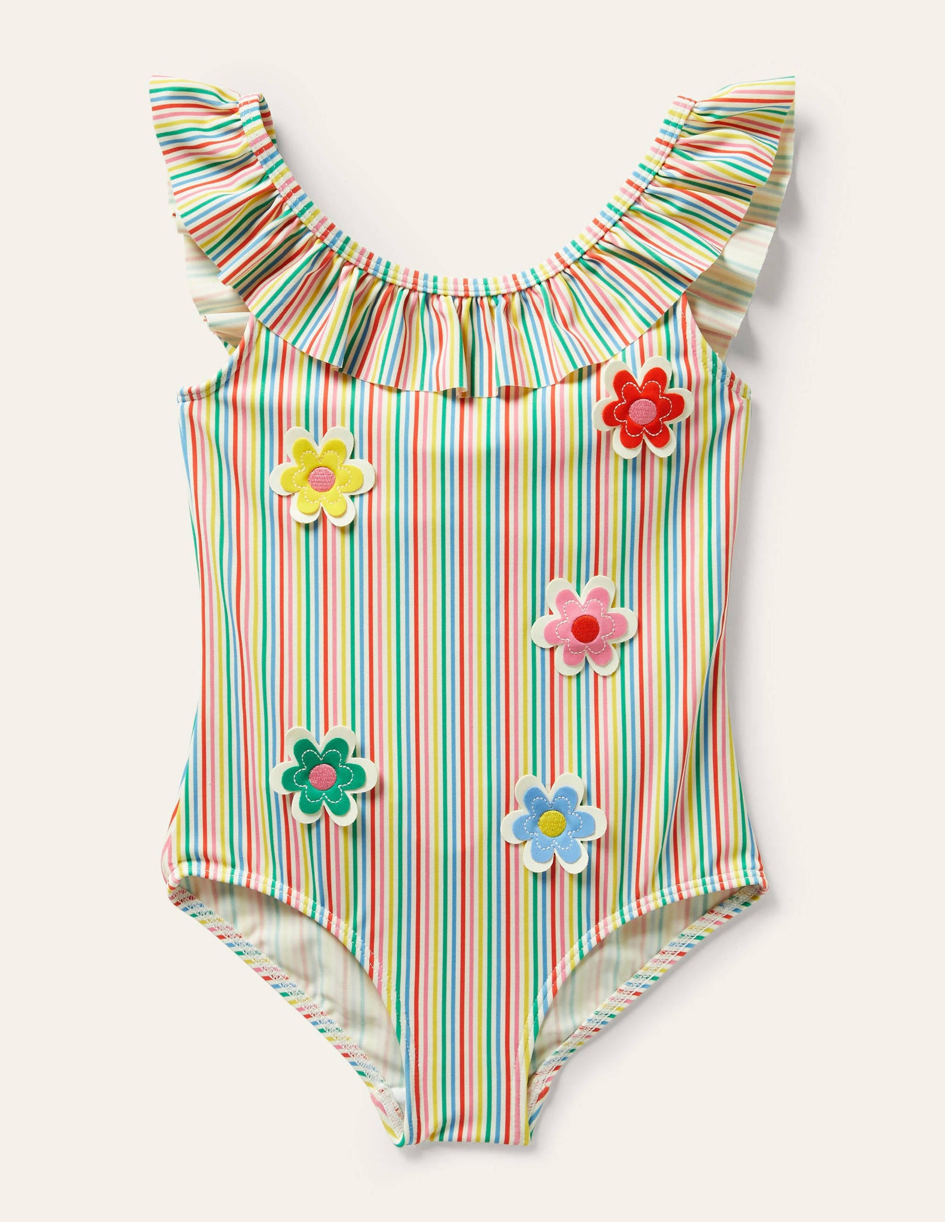 Maillot de bain à encolure volantée-Fleurs ivoire/rayé multi-1