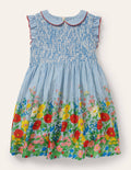 Robe tissée et smockée-Motif floral jacinthe vif