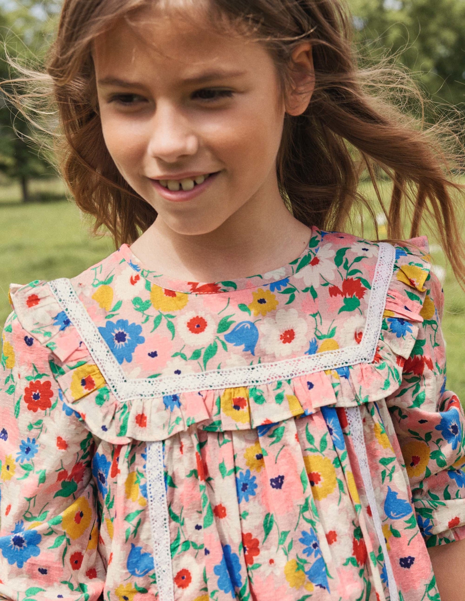 Nostalgisches Kleid mit langen Ärmeln-Delfinrosa, Gemaltes Blumenmuster-4