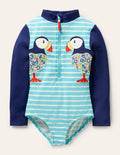 Maillot de bain manches longues à appliqué-Macareux aigue-marine/ivoire
