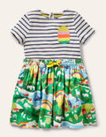 Kurzärmliges Kleid mit Mustermix-Naturweiß/Segelblau, Szenenmotiv