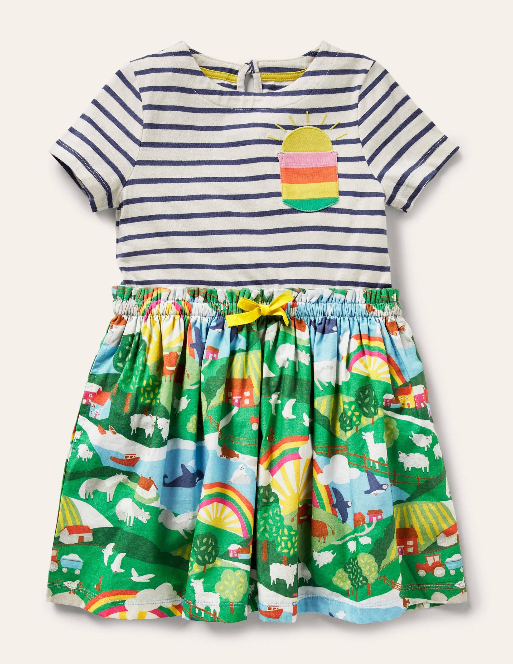 Kurzärmliges Kleid mit Mustermix-Naturweiß/Segelblau, Szenenmotiv-1