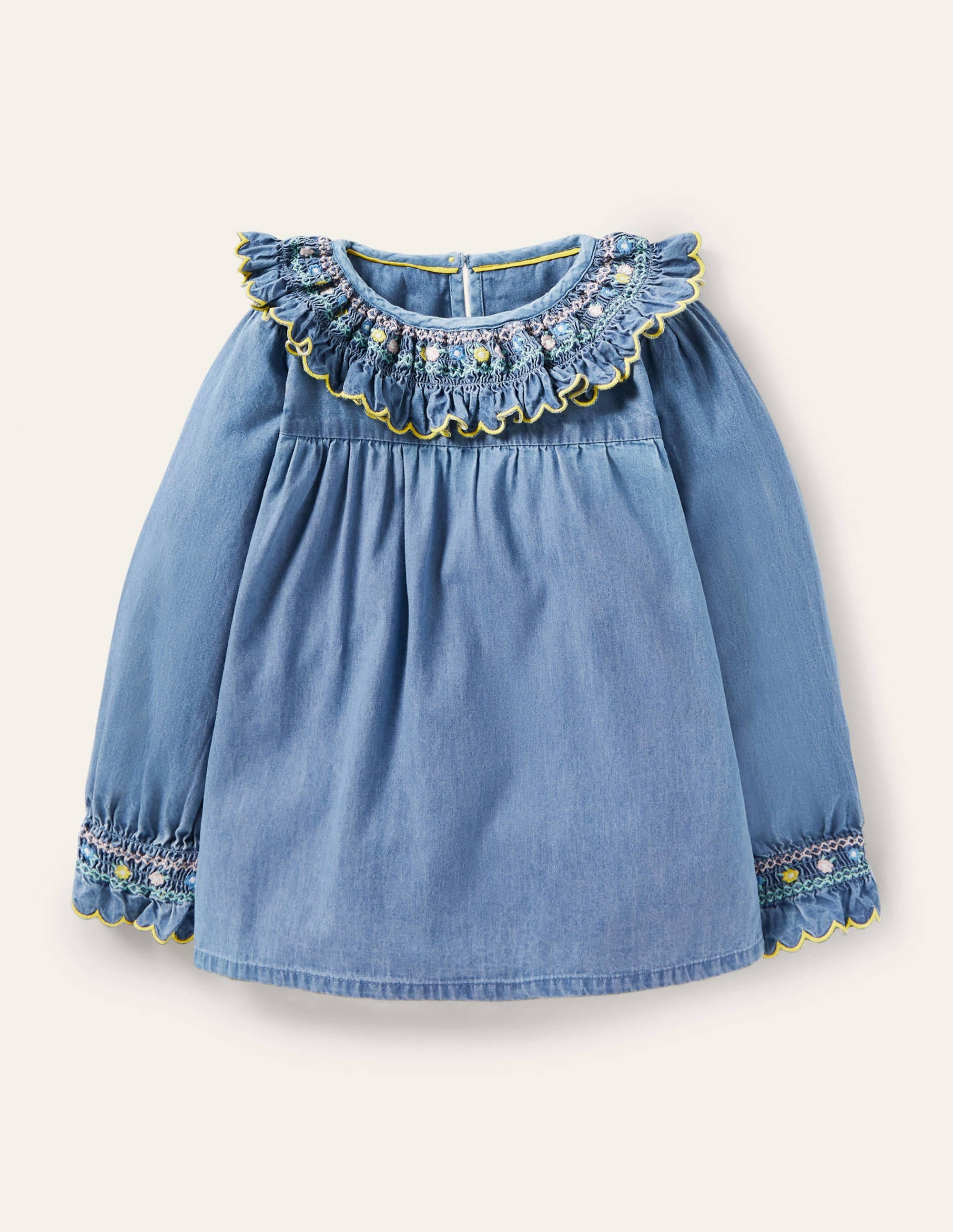 Top en jean à col smocké-Chambray - Image 1