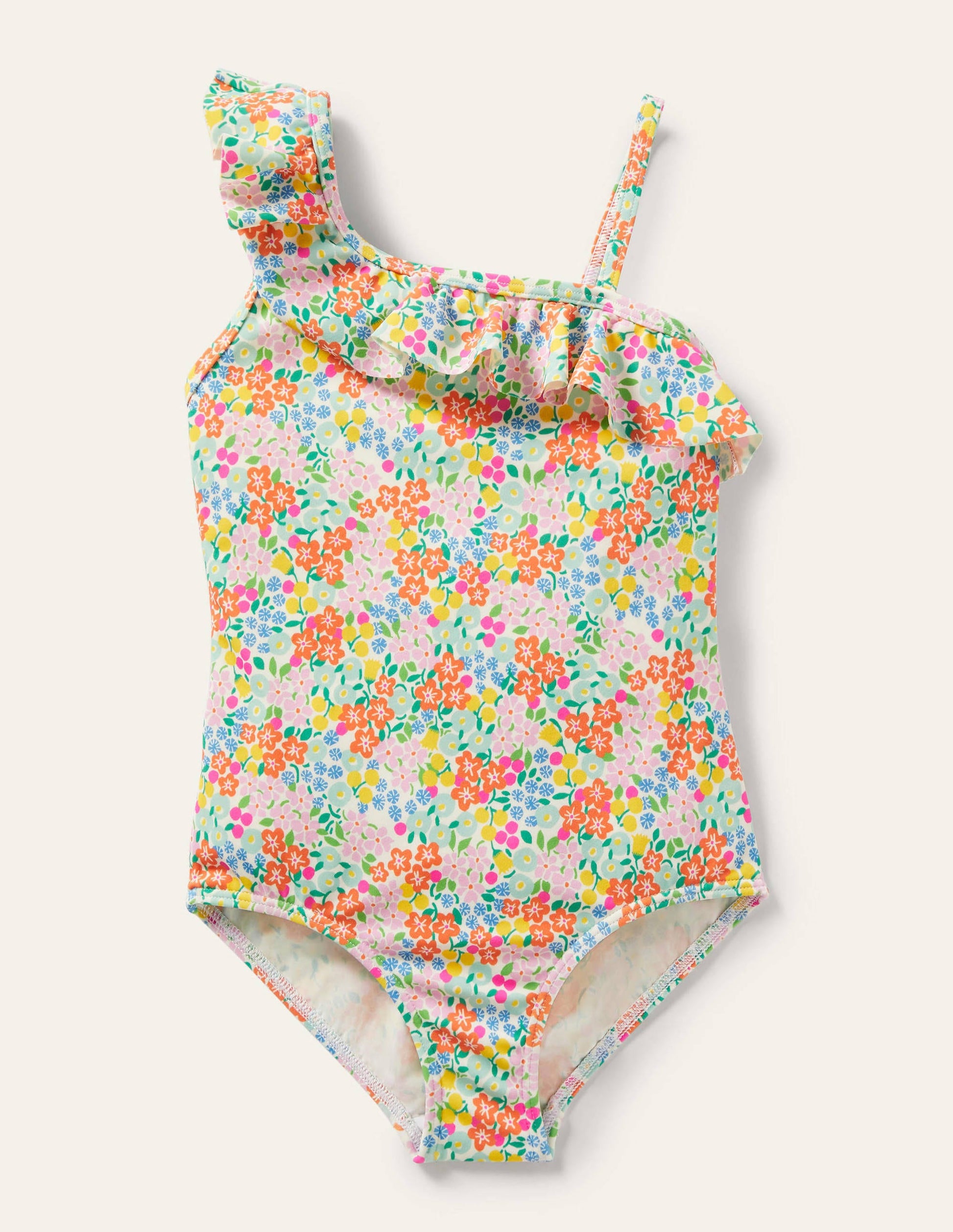 Badeanzug mit einer Schulter und Rüschen-Bunt, Tropisches Blumenbeet-1