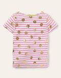 Kurzärmliges Bretonshirt-Erdbeerrosa/Naturweiß, Gänseblümchen