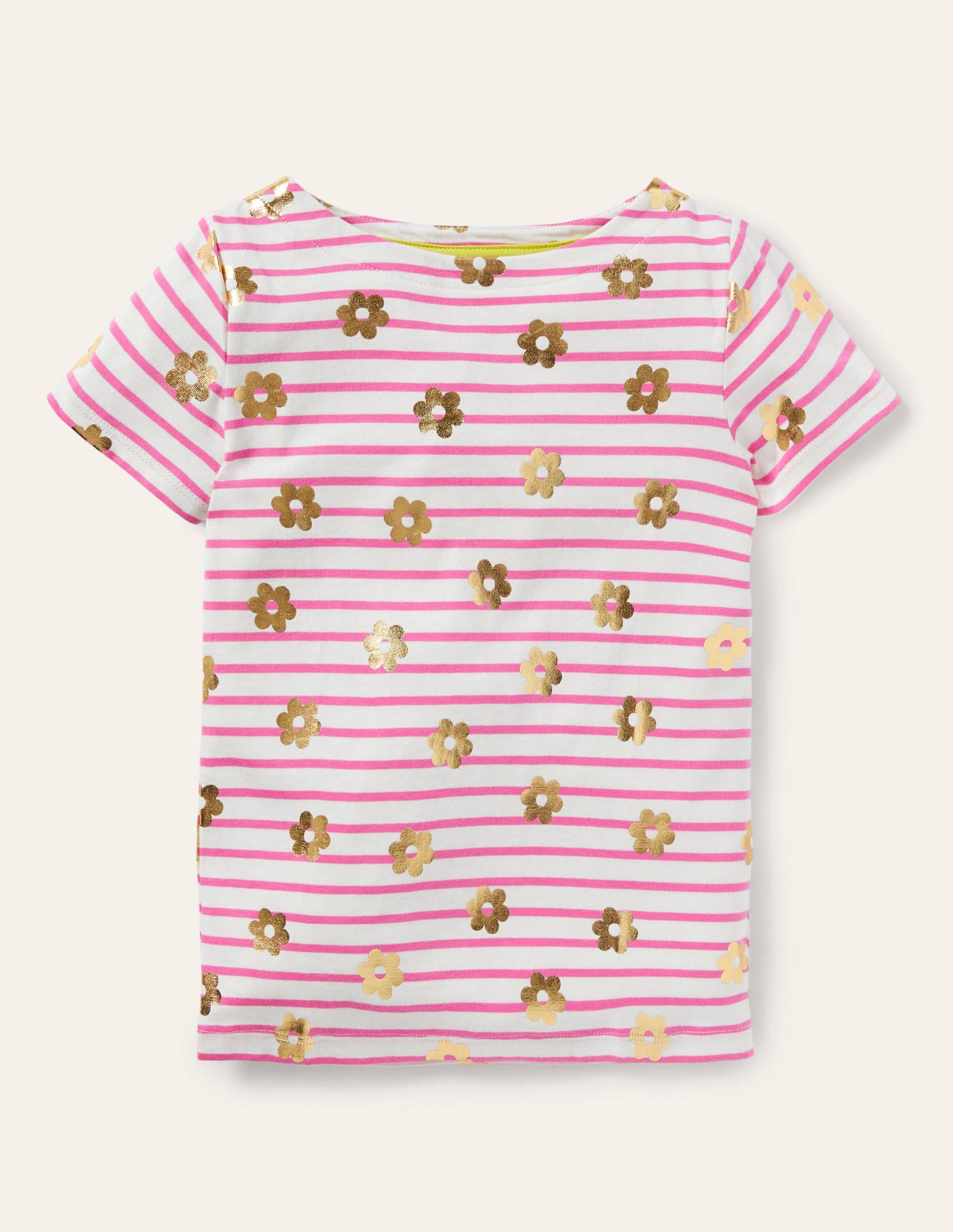 Kurzärmliges Bretonshirt-Erdbeerrosa/Naturweiß, Gänseblümchen - Image 1