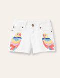 Denim-Shorts-Weiß, Papagei/Stickerei