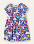 Fröhliches Jerseykleid-Glockenblumenblau, Großes Einhorn-/Blumenmuster