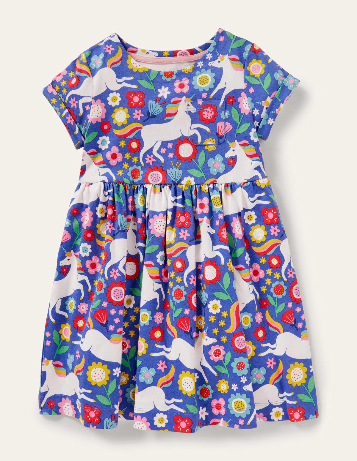 Fröhliches Jerseykleid-Glockenblumenblau, Großes Einhorn-/Blumenmuster-1