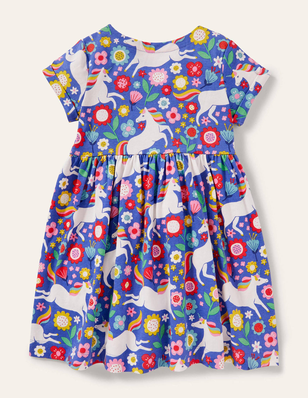 Fröhliches Jerseykleid-Glockenblumenblau, Großes Einhorn-/Blumenmuster-2