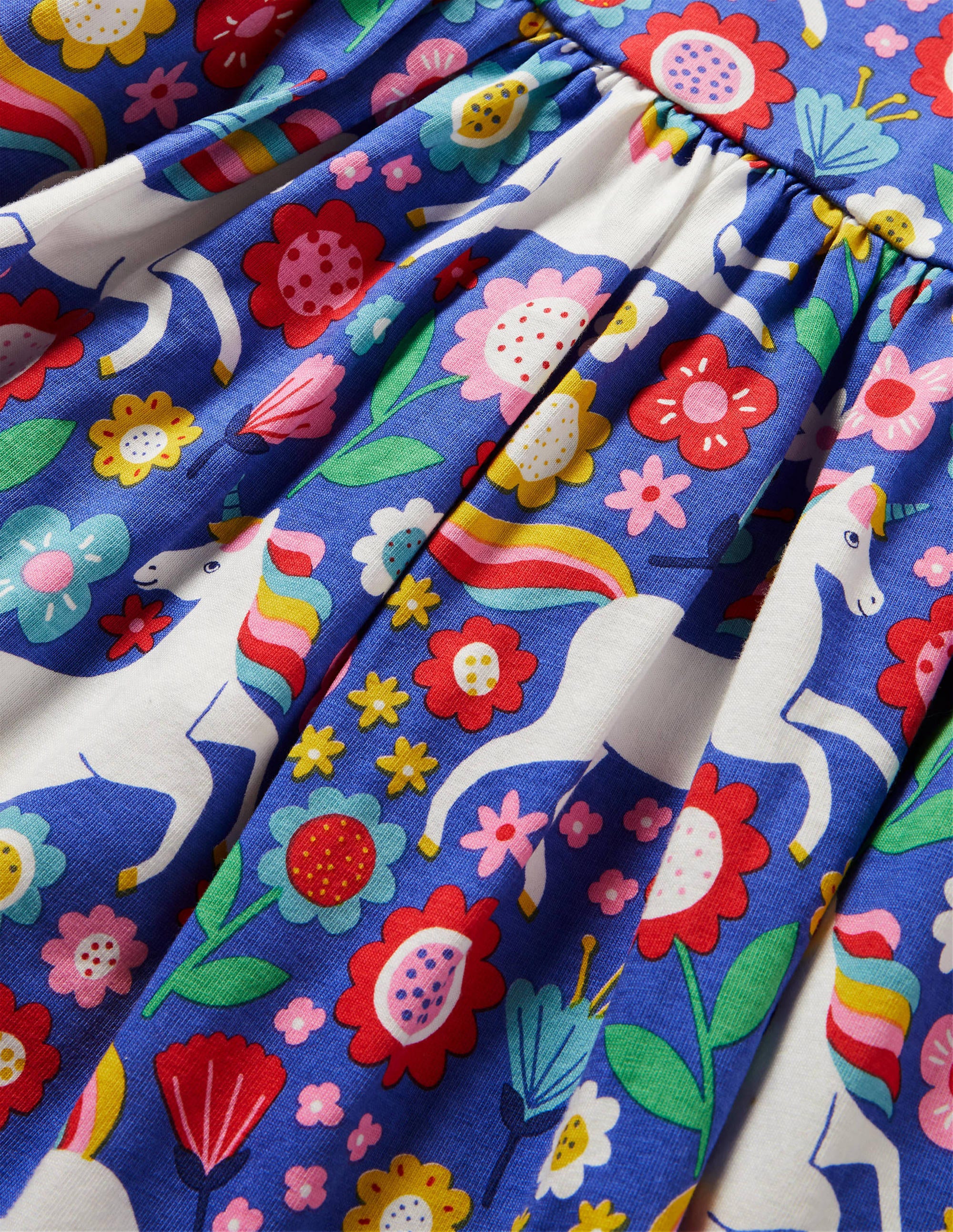 Fröhliches Jerseykleid-Glockenblumenblau, Großes Einhorn-/Blumenmuster - Image 3