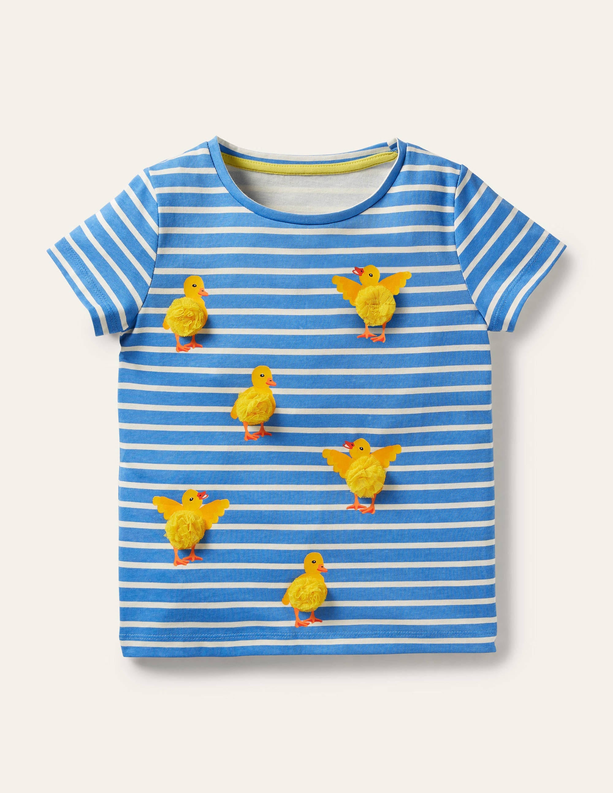 Gestreiftes T-Shirt mit Motiv-Helles Glockenblumenblau/Naturweiß, Küken - Image 1