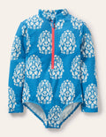 Long-sleeved Swimsuit-Marina Blue Tropical Woodblock