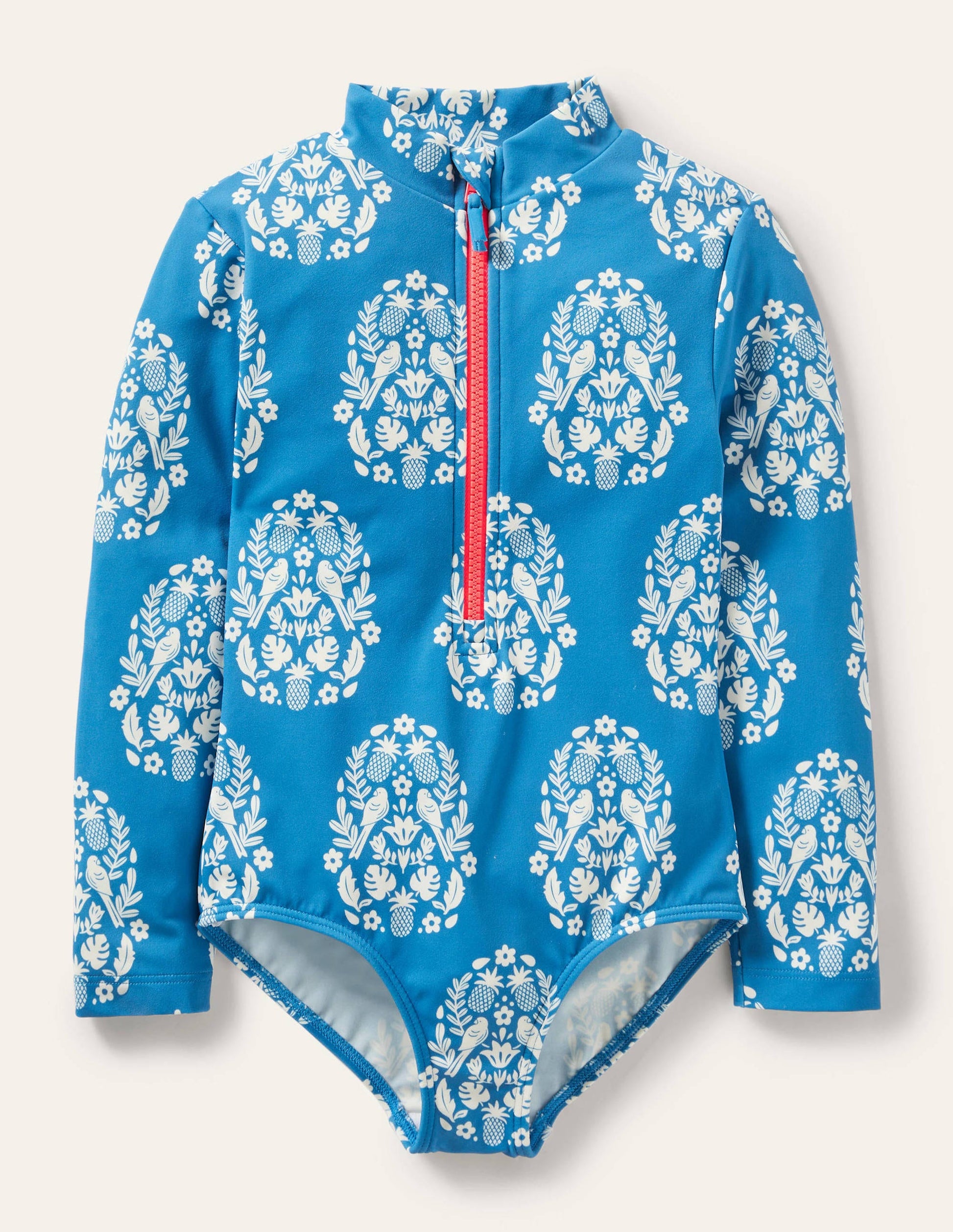Long-sleeved Swimsuit-Marina Blue Tropical Woodblock-1