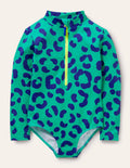 Maillot de bain à manches longues-Motif léopard vert tropical