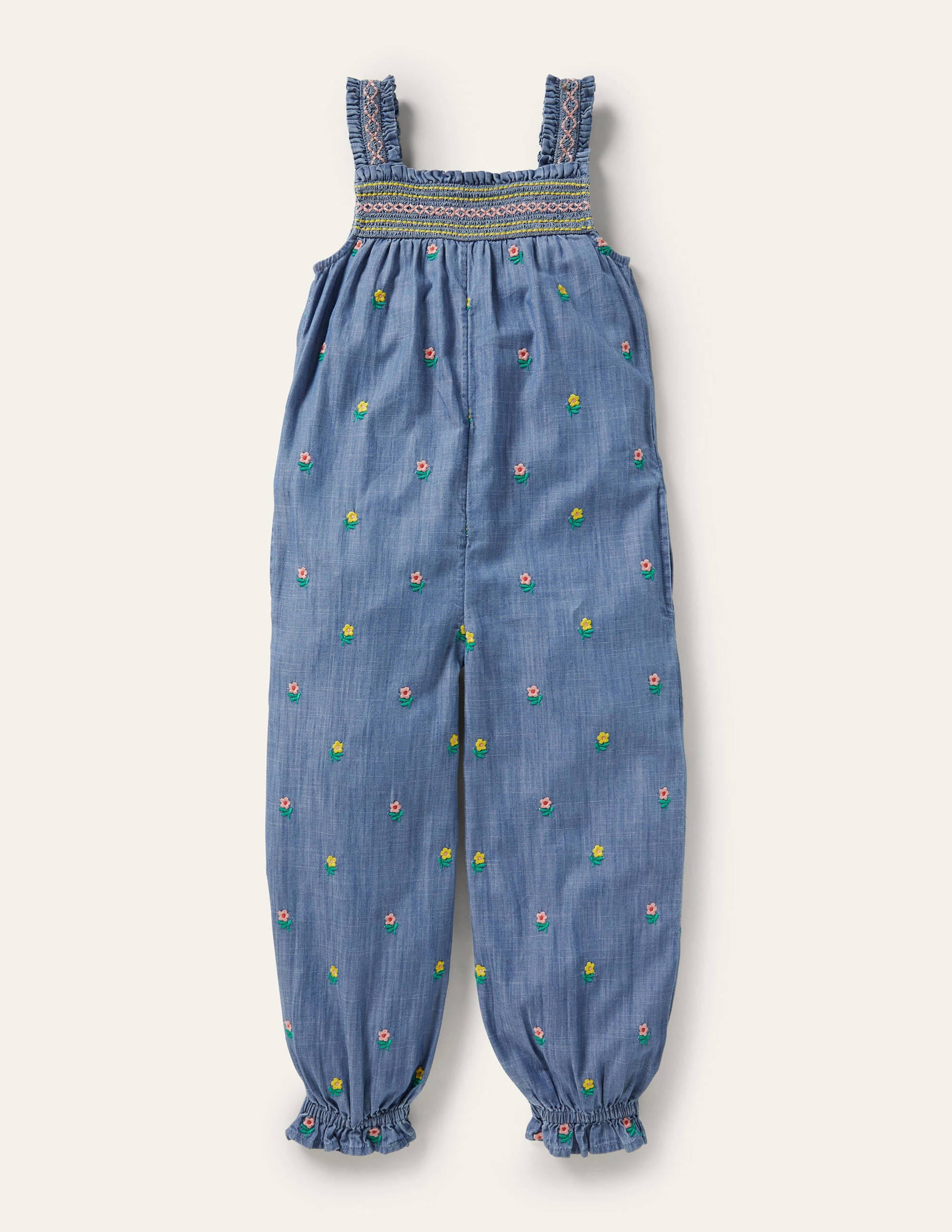 Embroidered Smock Dungarees-Chambray Floral - Image 1