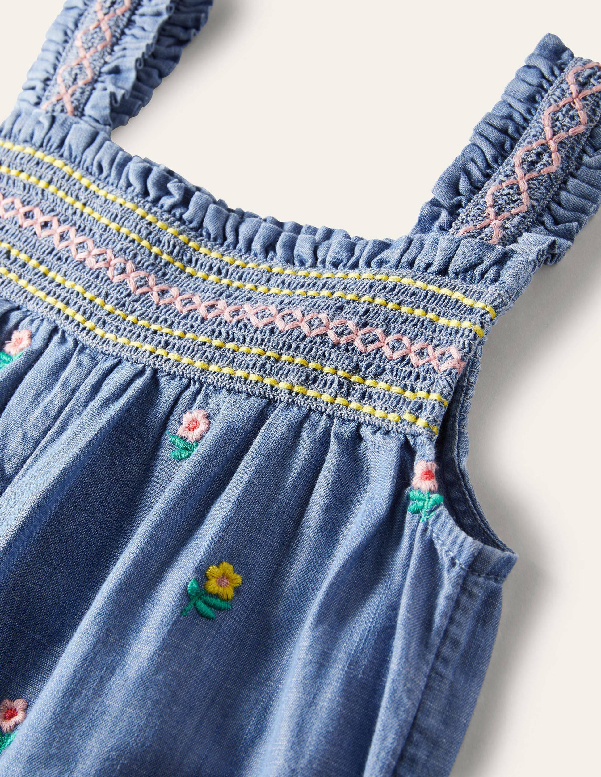 Embroidered Smock Dungarees-Chambray Floral-3