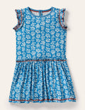 Robe volantée en jersey-Motif xylographique bleu Bahamas/ivoire