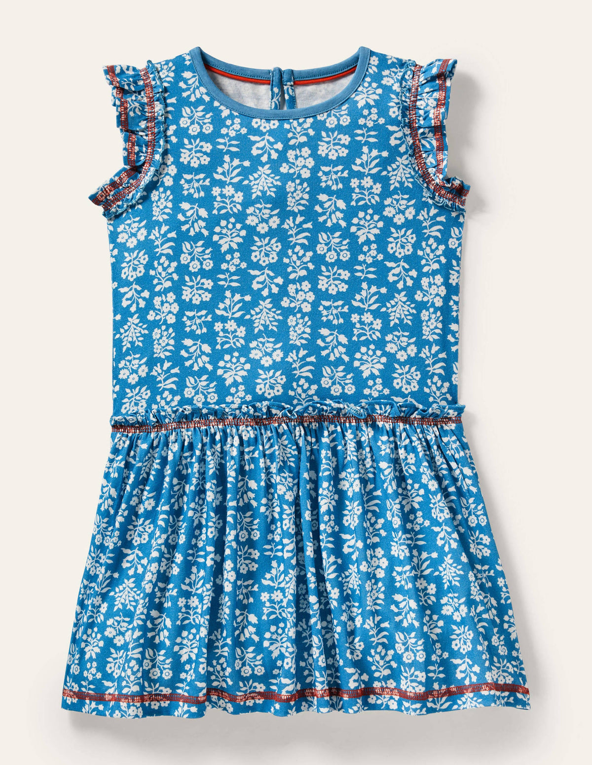 Robe volantée en jersey-Motif xylographique bleu Bahamas/ivoire - Image 1