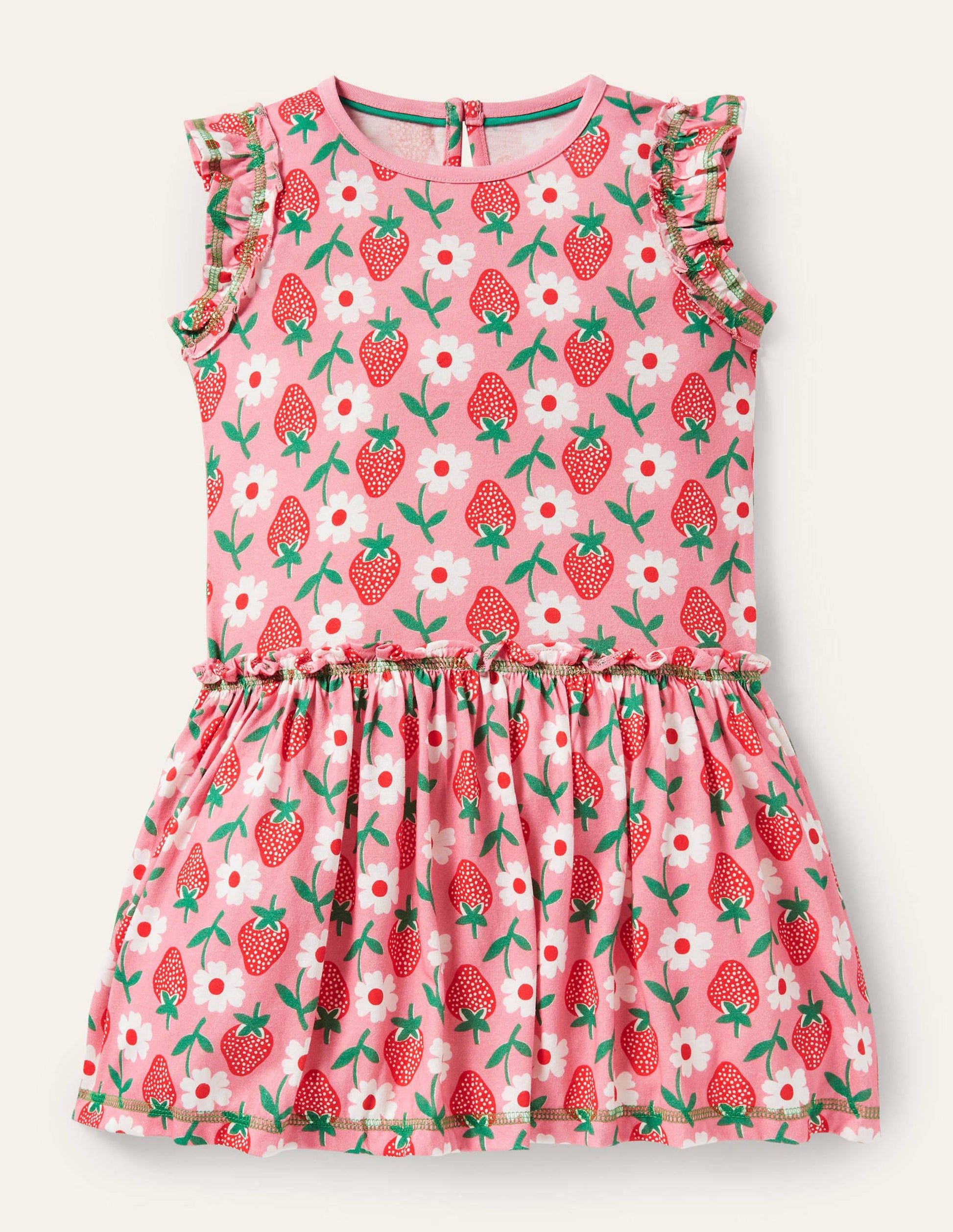 Jerseykleid mit Rüschen-Hellrosa, Erdbeermuster-1