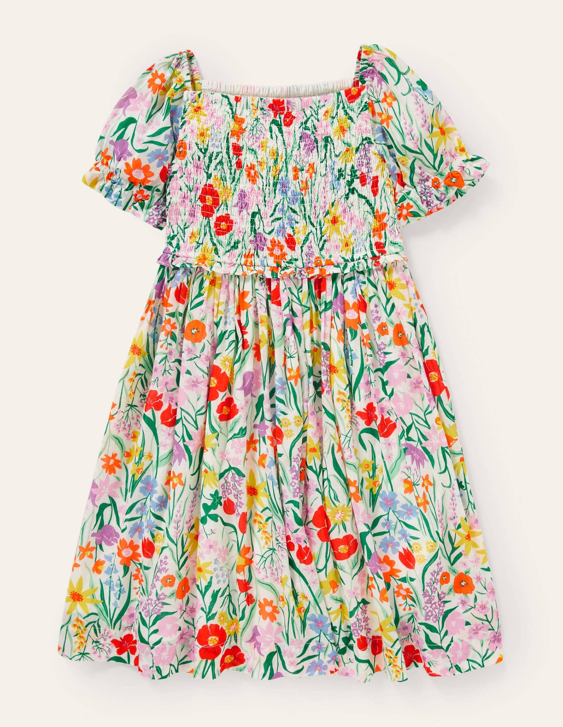 Smokkleid mit Blumenmuster-Bunt, Frühlingswiese-1