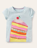 T-Shirt mit Puffärmeln und Applikation-Neptunblau, Kuchen