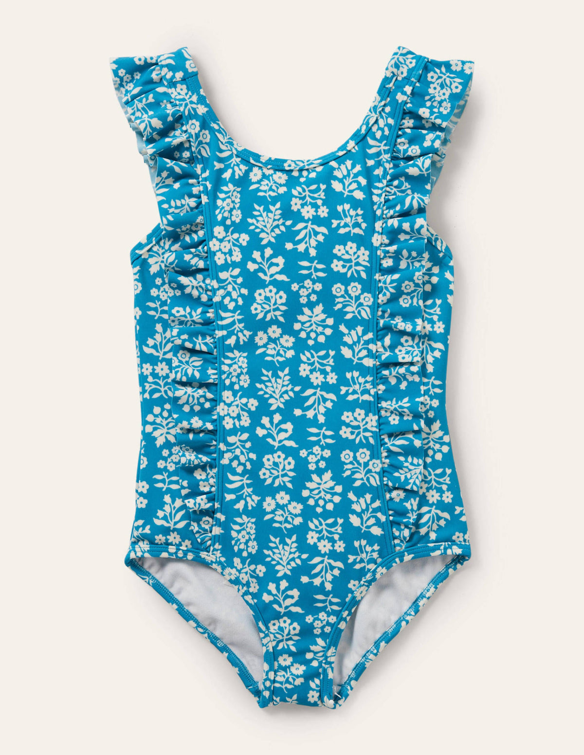Frilly Strap Swimsuit-Bahama Blue Woodblock-1