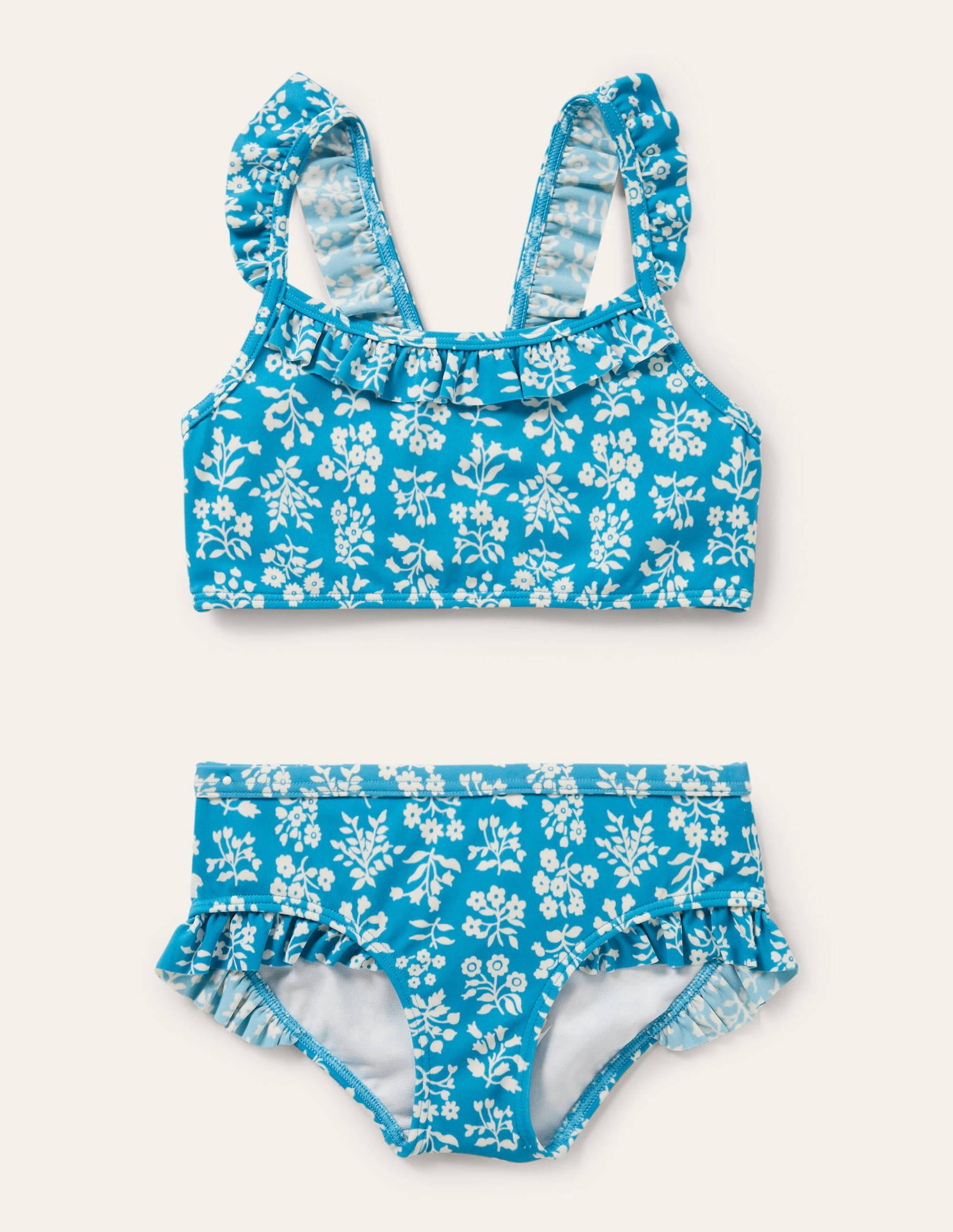 Bikini volanté à bretelles-Motif xylographique bleu Bahamas - Image 1
