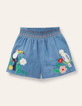 Short brodé et froncé-Oiseaux chambray