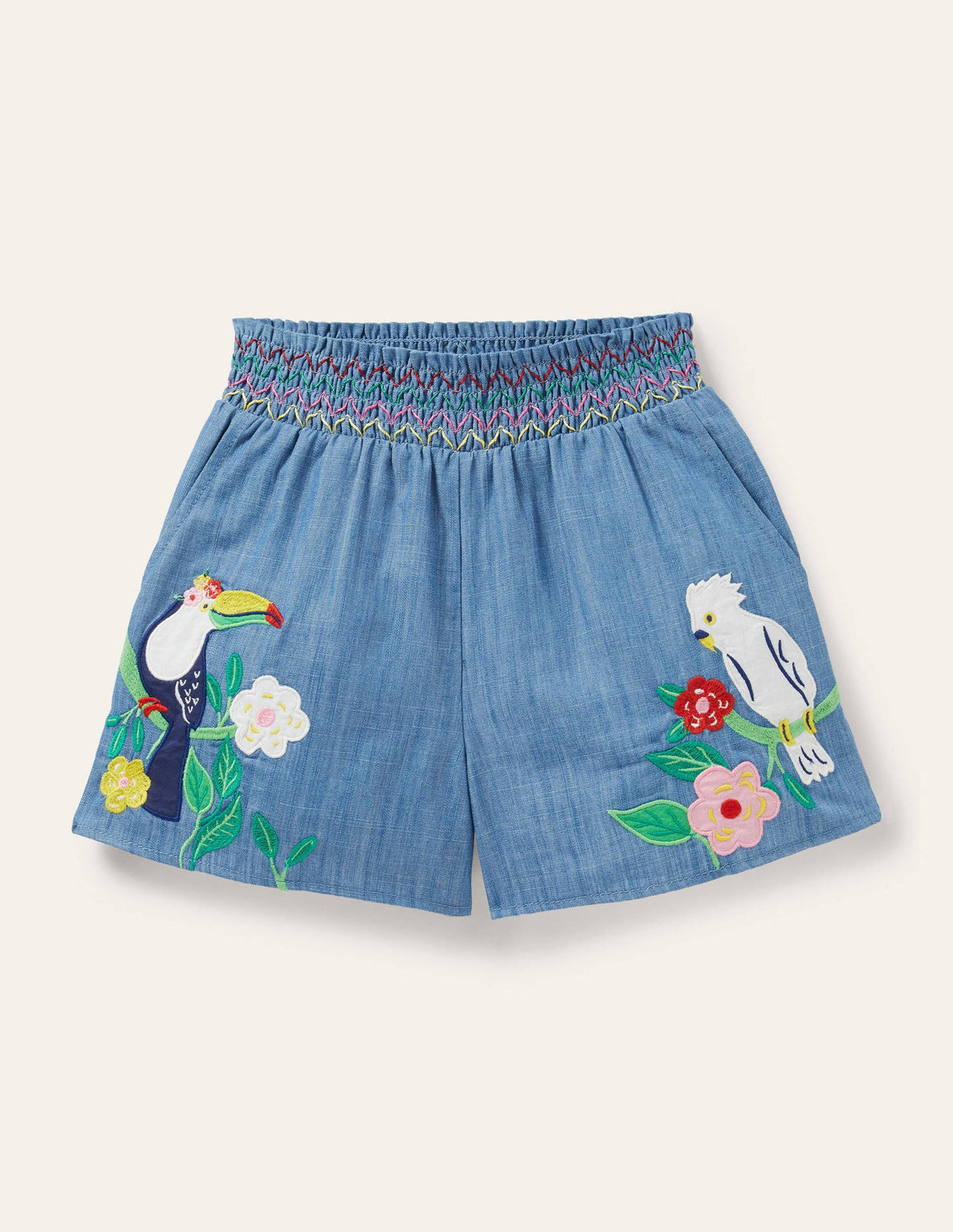 Short brodé et froncé-Oiseaux chambray - Image 1