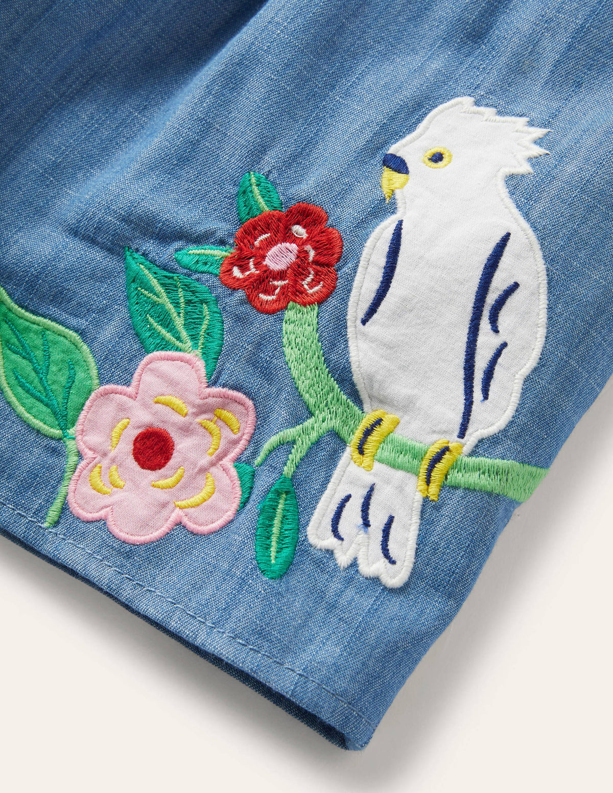 Short brodé et froncé-Oiseaux chambray-3