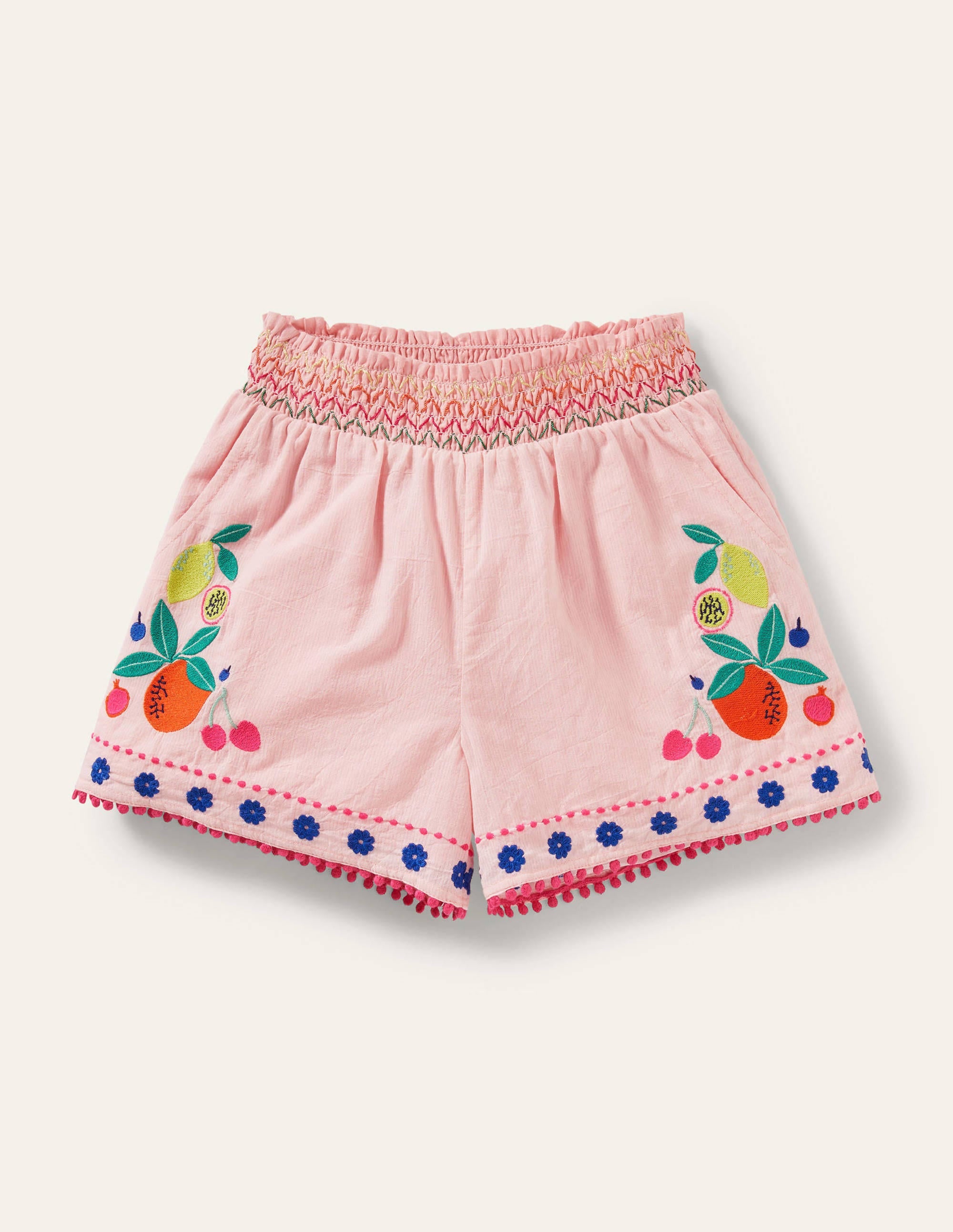 Geraffte Shorts mit Stickerei-Delfinrosa, Früchte - Image 1