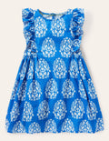 Gemustertes Kleid mit Rüschenärmeln-Helles Marineblau, Holzschnittmuster