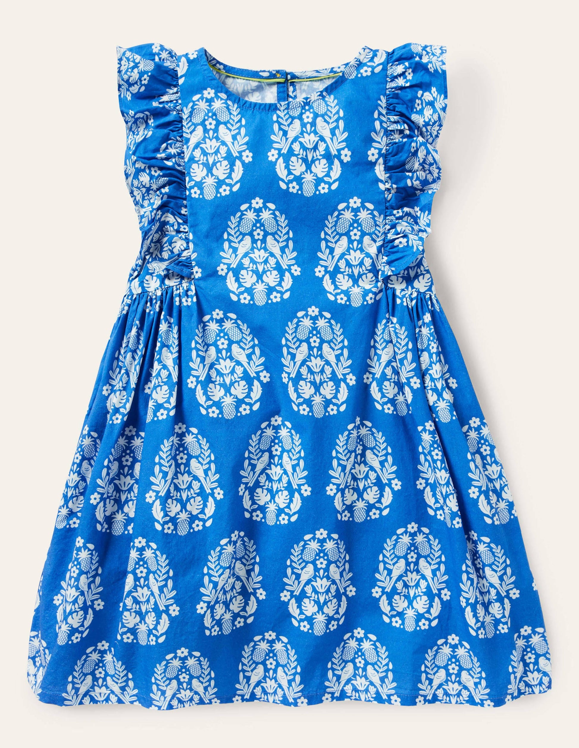 Gemustertes Kleid mit Rüschenärmeln-Helles Marineblau, Holzschnittmuster-1