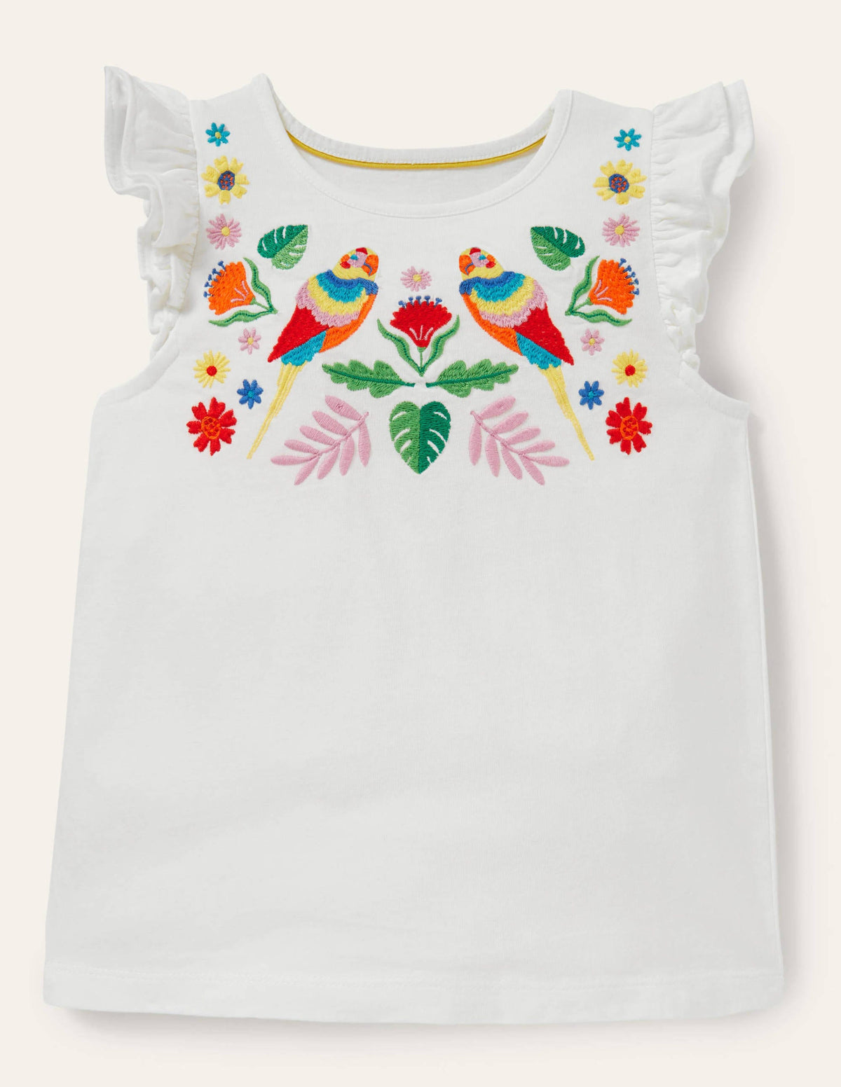 Rüschen-T-Shirt mit interessantem Motiv-Naturweiß, Blumenmuster/Papagei-1