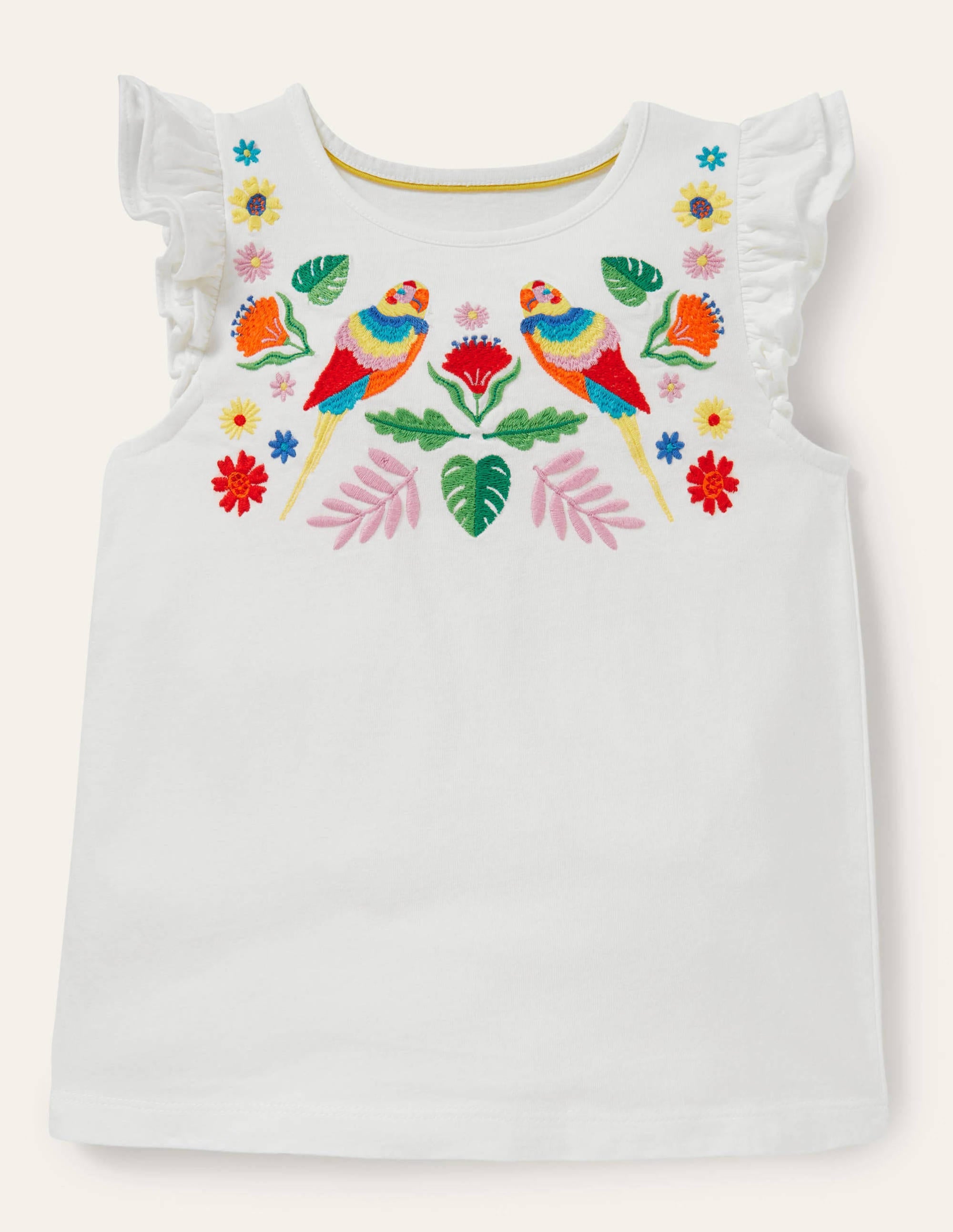 Rüschen-T-Shirt mit interessantem Motiv-Naturweiß, Blumenmuster/Papagei - Image 1