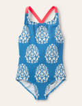 Cross-back Printed Swimsuit-Marine Blue Tropical Woodblock