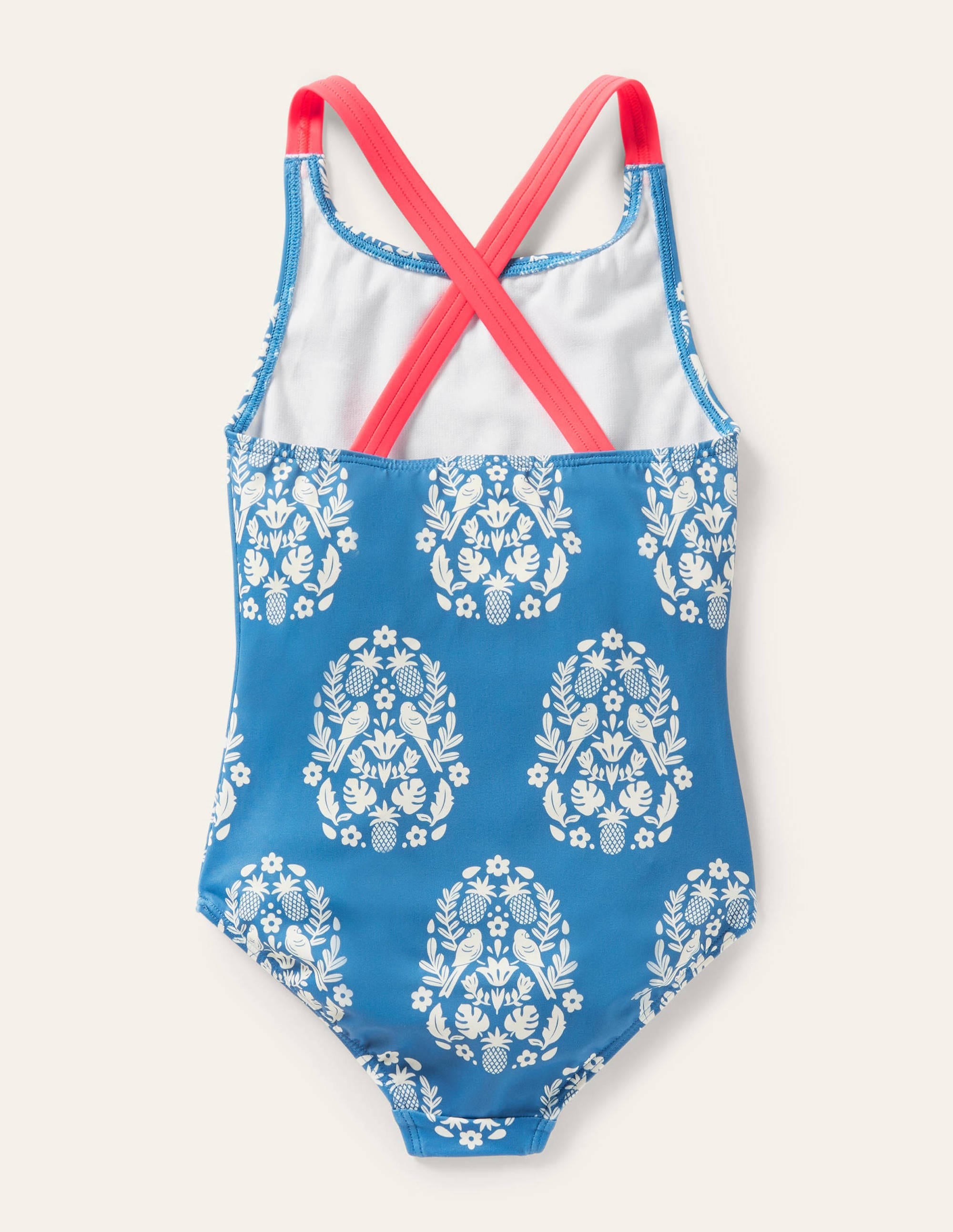 Cross-back Printed Swimsuit-Marine Blue Tropical Woodblock - Image 2