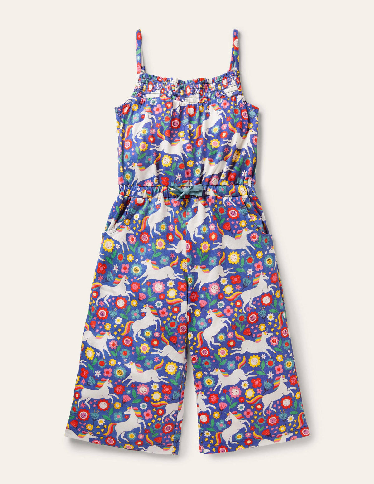 Jersey-Jumpsuit mit weitem Bein-Glockenblumenblau, Kleines Einhorn-/Blumenmuster - Image 1