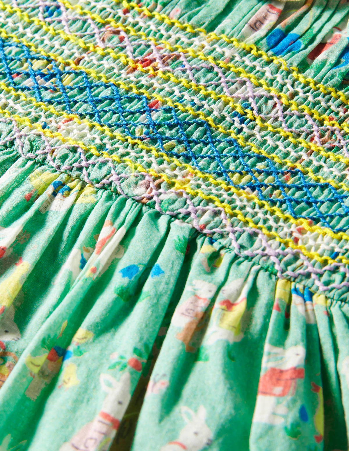 Robe à smocks-Motif printemps vert fontaine-3