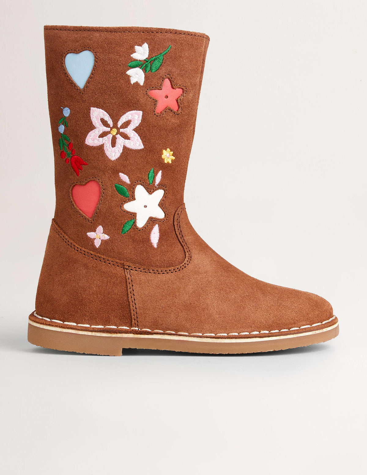 Bottes montantes en daim-Daim fauve brodé - Image 1